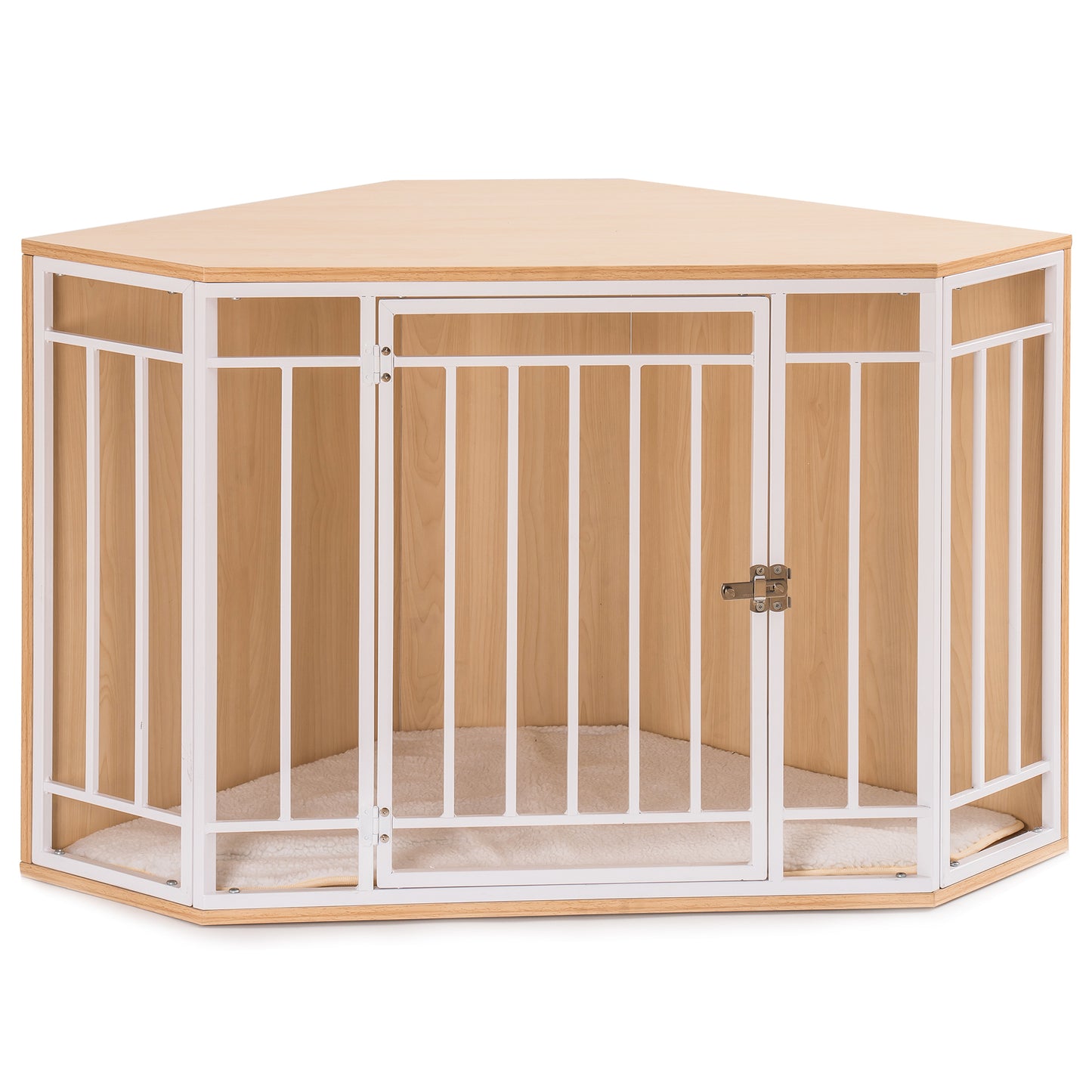 Corner Dog Crate with Cushion, Wood and Mesh Dog Kennel: Indoor Pet Crate for Comfortable and Secure Resting Space