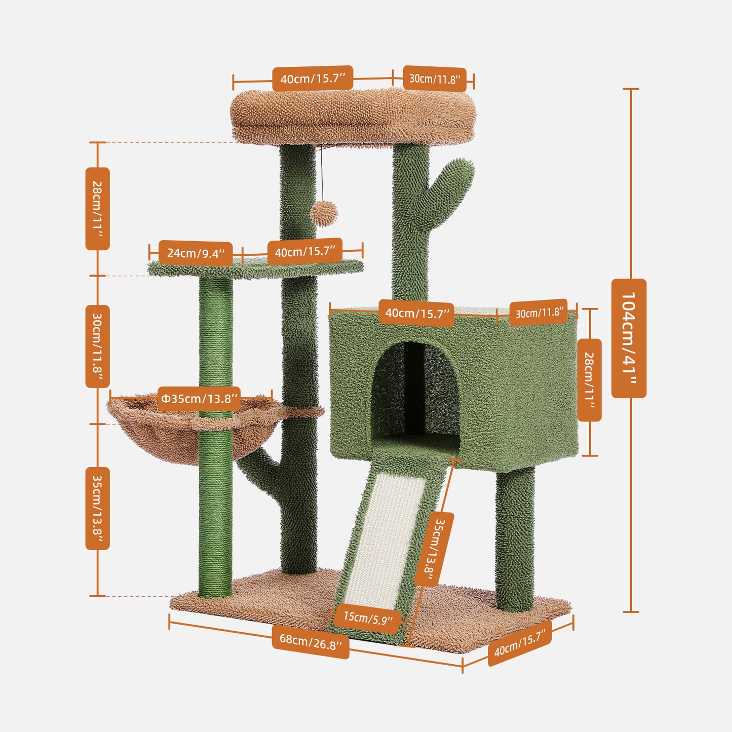 41" Cactus Cat Tower with Scratching Post, Condo, Perch & Hammock - Multi-Level Indoor Cat Play House