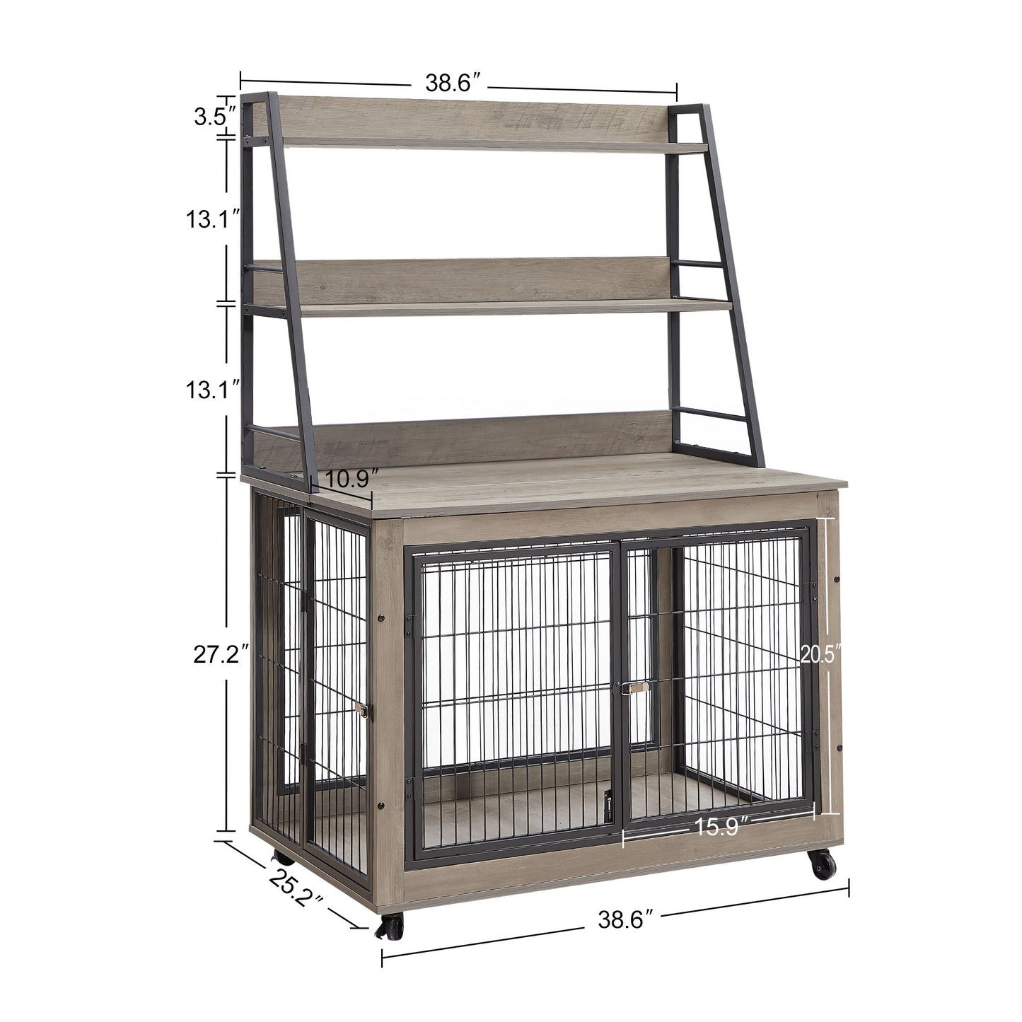 Furniture Style Dog Crate Side Table with Shelves, Double Doors, and Raised Roof - Grey, 38.58''W x 25.5''D x 57''H