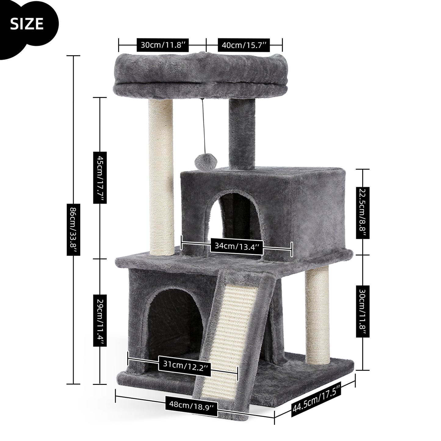 Cat Tree Luxury 34" Cat Tower with Double Condos, Spacious Perch, Scratching Sisal Posts & Replaceable Dangling Balls - Gray