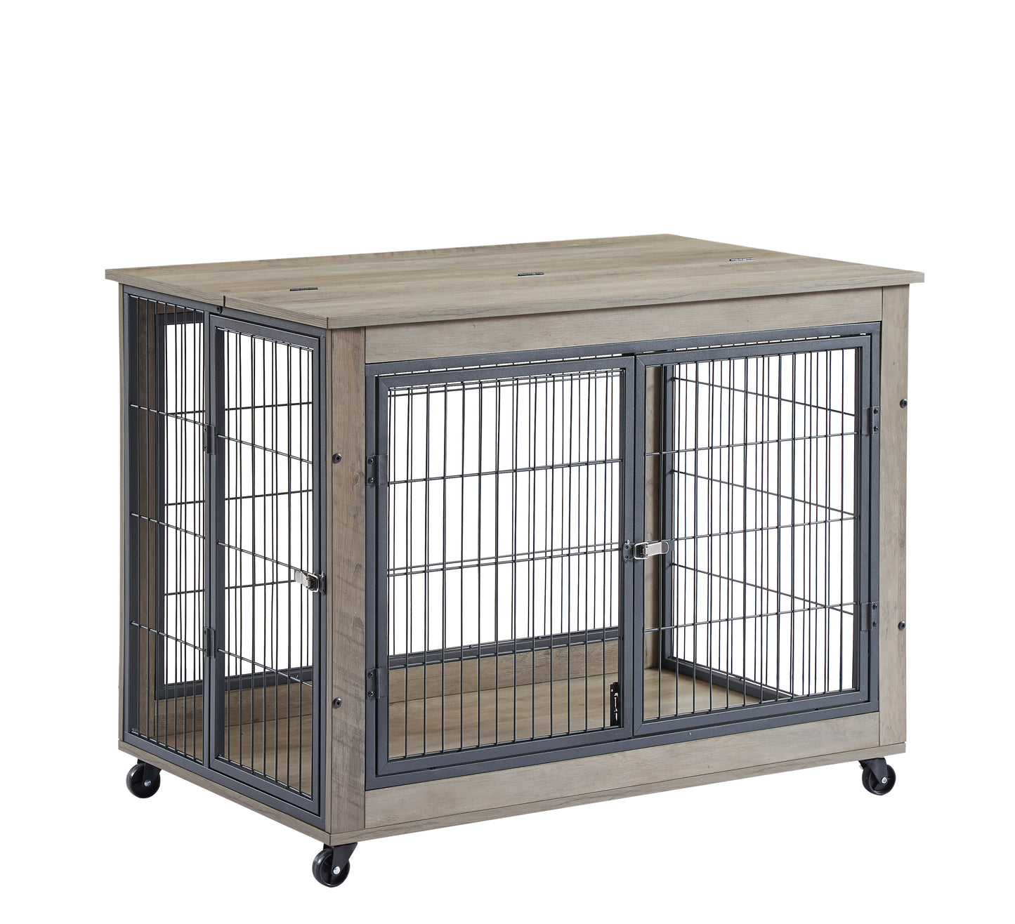 Furniture Style Dog Crate Side Table on Wheels: Double Doors & Lift Top | Grey | 38.58''w x 25.5''d x 27.36''h