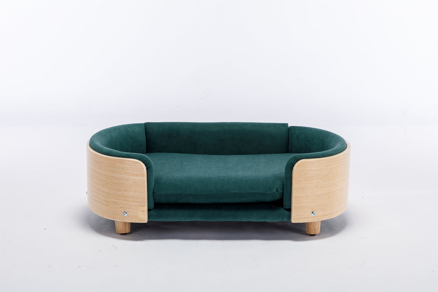 Scandinavian Style Elevated Dog Bed Pet Sofa: Solid Wood Legs, Bent Wood Back, Velvet Cushion - Mid Size, Dark Green