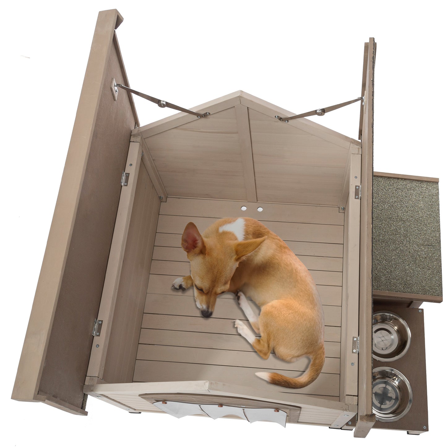 Outdoor Fir Wood Dog House with Open Roof for Small to Medium Dogs | Storage Box, Elevated Feeding Station with 2 Bowls | Weatherproof Asphalt Roof & Treated Wood | Size Options Available