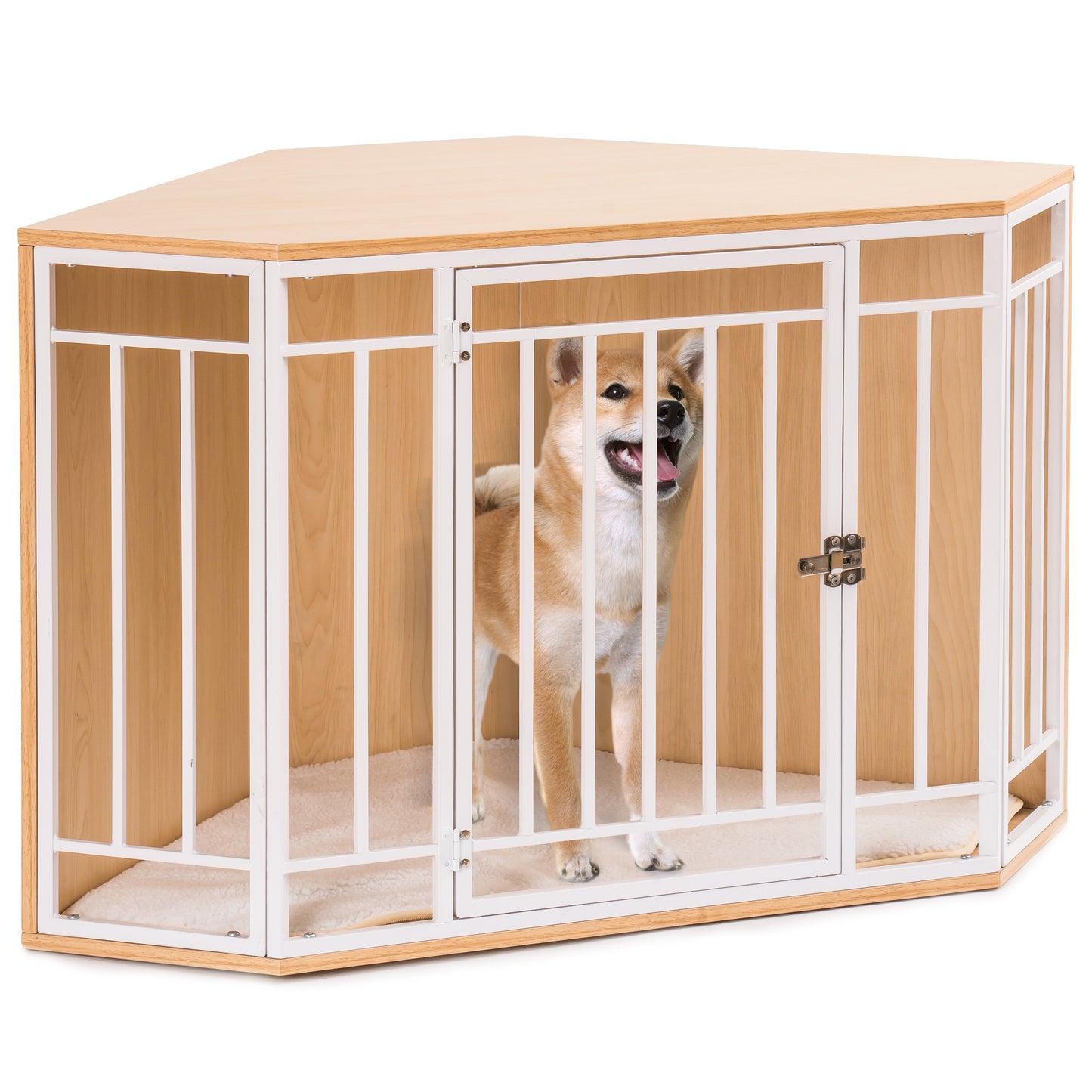 Corner Dog Crate with Cushion, Wood and Mesh Dog Kennel: Indoor Pet Crate for Comfortable and Secure Resting Space