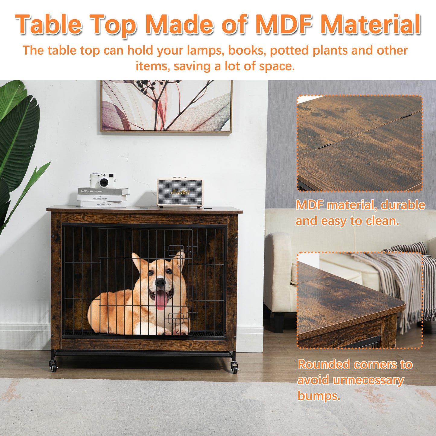 23.6"L x 20"W x 26"H Dog Crate Furniture with Cushion | Wooden Dog Crate Table | Double-Doors Indoor Dog Kennel for Small Dogs | Rustic Brown