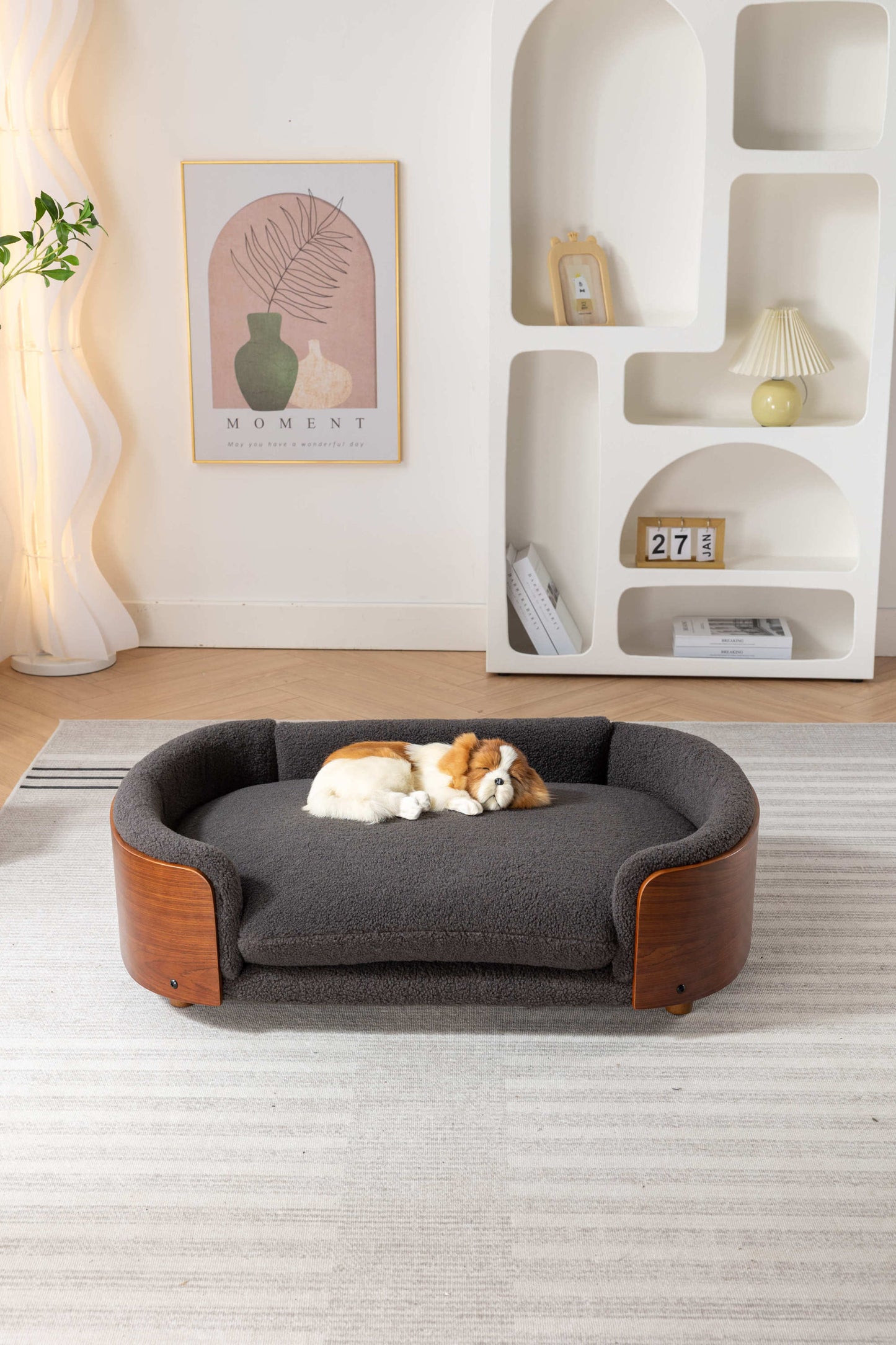 Scandinavian Style Elevated Dog Bed with Solid Wood Legs, Walnut Bent Wood Back, Cashmere Cushion - Large Size