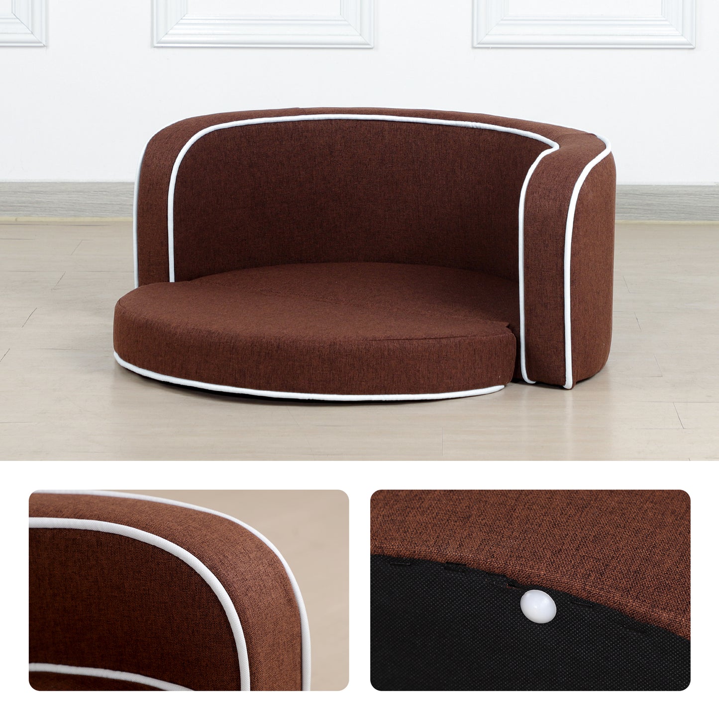 30" Brown Round Pet Sofa - Wooden Structure, Linen Goods, White Roller Lines on Edges - Curved Appearance with Cushion