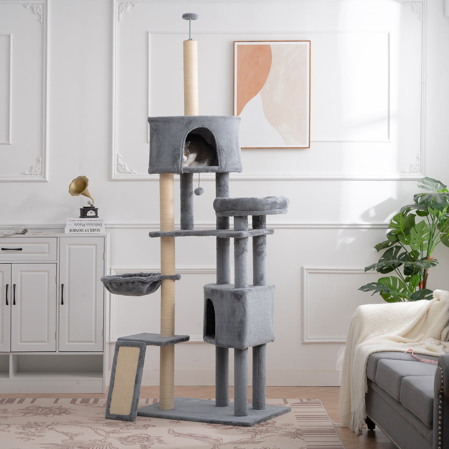 105-Inch Cat Tower for Indoor Cats, Multi-Level Cat Condo with Perches, Caves, Basket, and Scratching Board - Gray Color