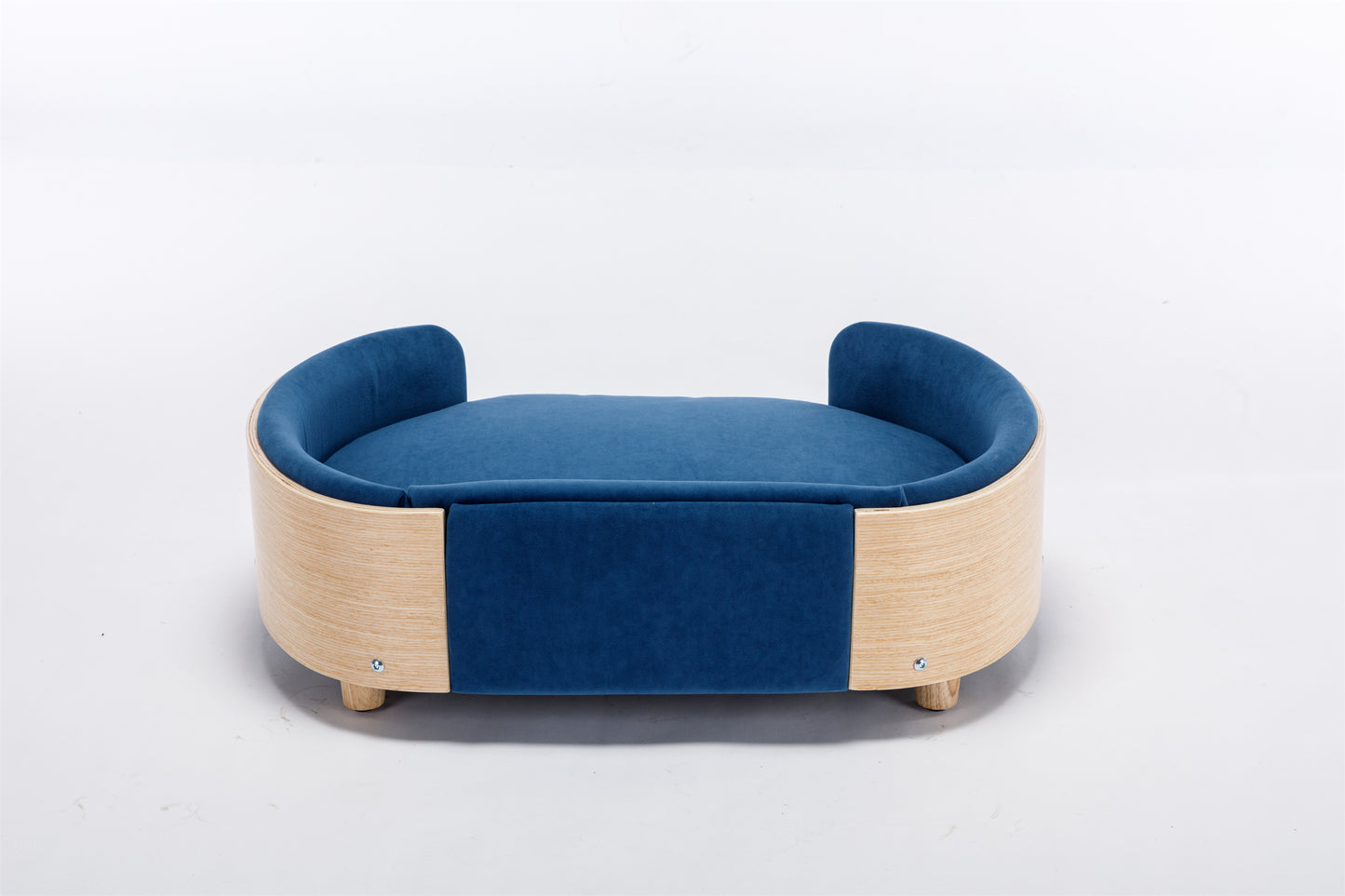 Scandinavian Style Elevated Dog Bed Pet Sofa with Solid Wood Legs, Bent Wood Back, and Velvet Cushion - Mid Size, Dark Blue