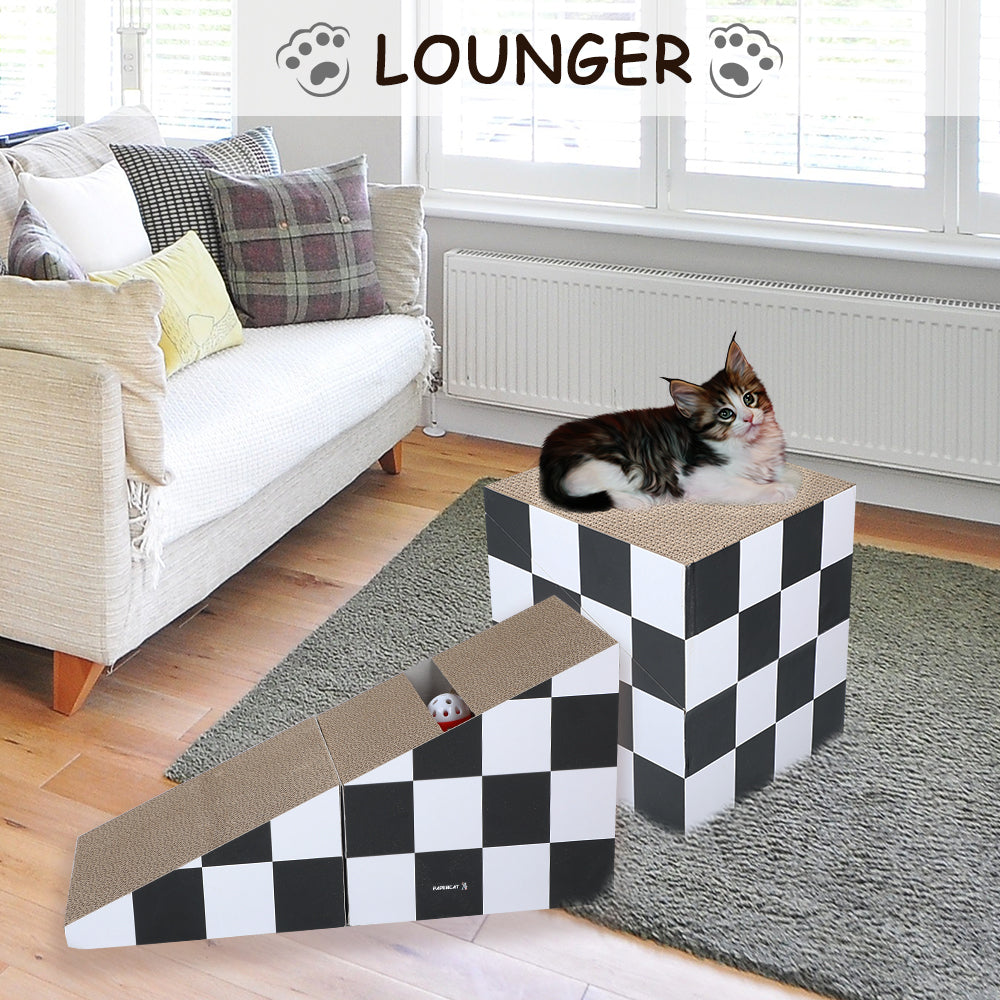 Cat Scratching Board with Ball, Triangle Cardboard, Multiple Angles, 2-in-1 Lounge Bed, Recyclable & Durable, Furniture Protector, Black & White