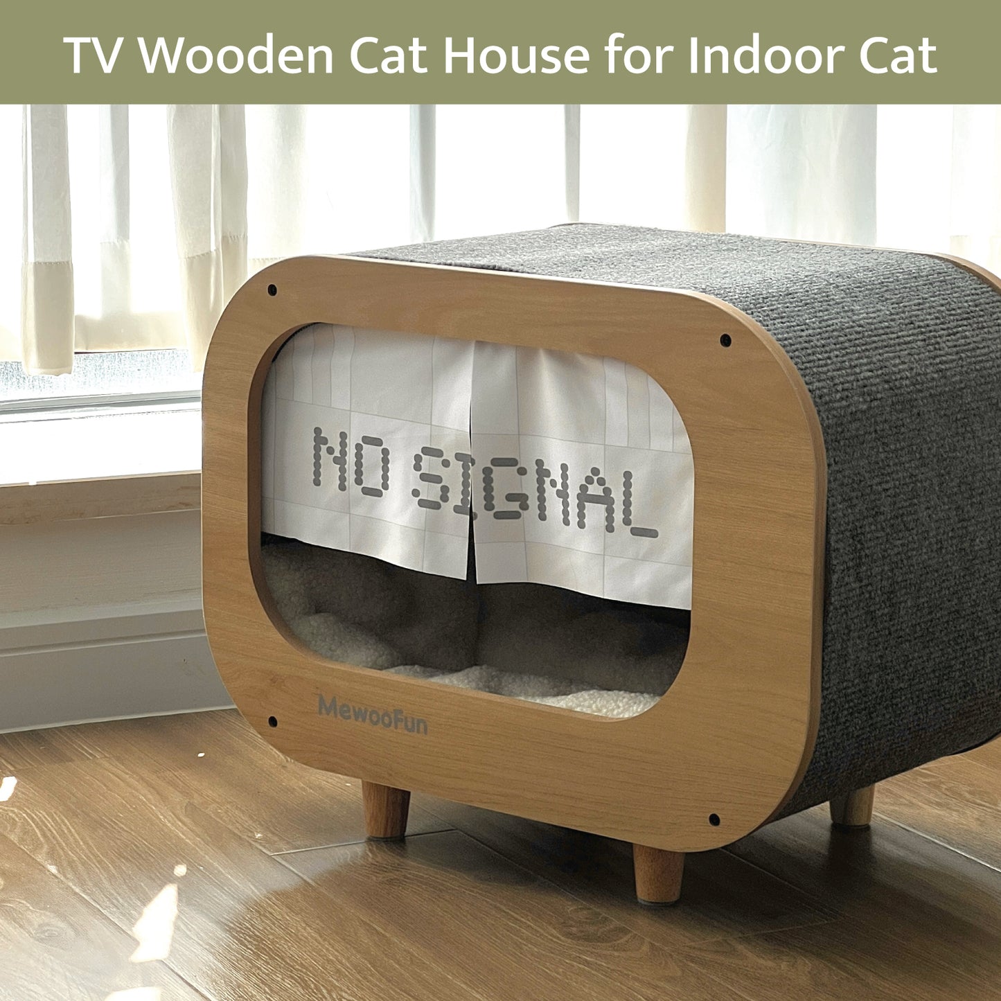 Classic Wooden TV-Shaped Cat Bed with Cushion, Grey - Comfy & Stylish Cat House for Restful Sleep