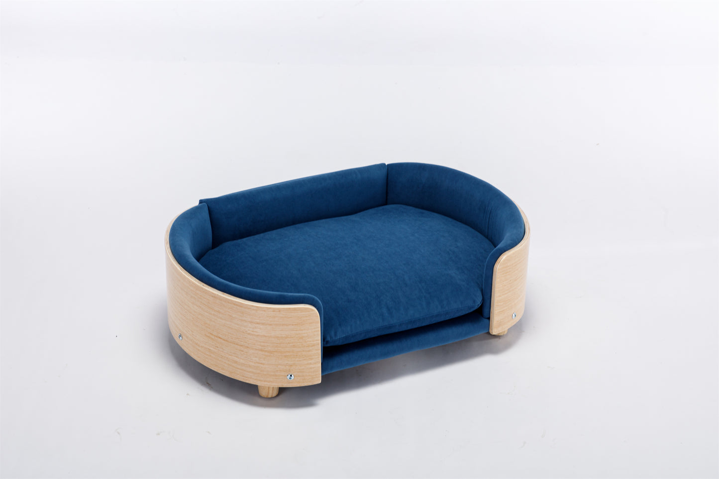 Scandinavian Style Elevated Dog Bed Pet Sofa with Solid Wood Legs, Bent Wood Back, and Velvet Cushion - Mid Size, Dark Blue