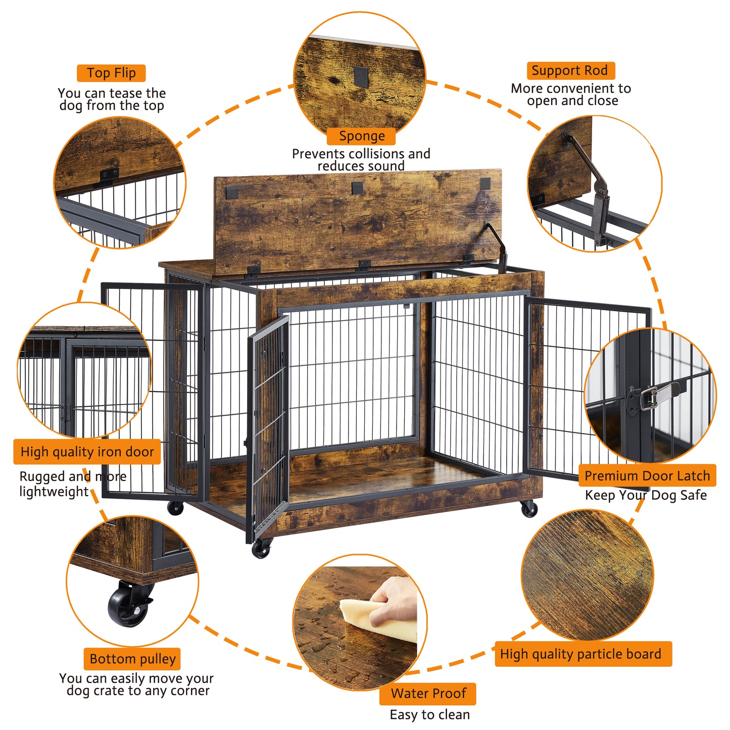 Furniture Dog Cage Crate with Double Doors, Rustic Brown, 38.58'' W x 25.2'' D x 27.17'' H - Spacious and Sturdy Dog Crate for Comfortable Confinement