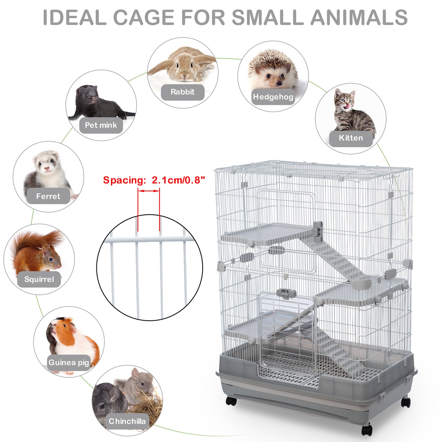 4-Tier 32" Small Animal Metal Cage, Height Adjustable with Lockable Casters, Grilles, Pull-out Tray for Rabbit, Chinchilla, Ferret, Bunny, Guinea Pig, Squirrel, Hedgehog (Grey)