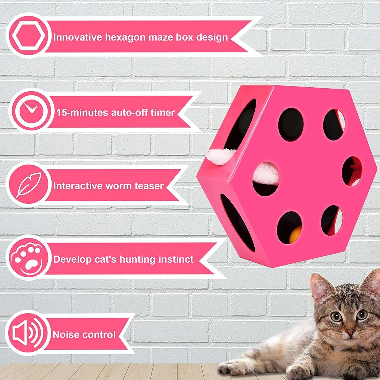 FluffyDream Interactive Cat Maze Box Toy: Electrical Exercise Teaser with Plush Tail & Ball, Bells, Fluffy Toys - Indoor Cats, Pets, Kitten, Kitty - Pink