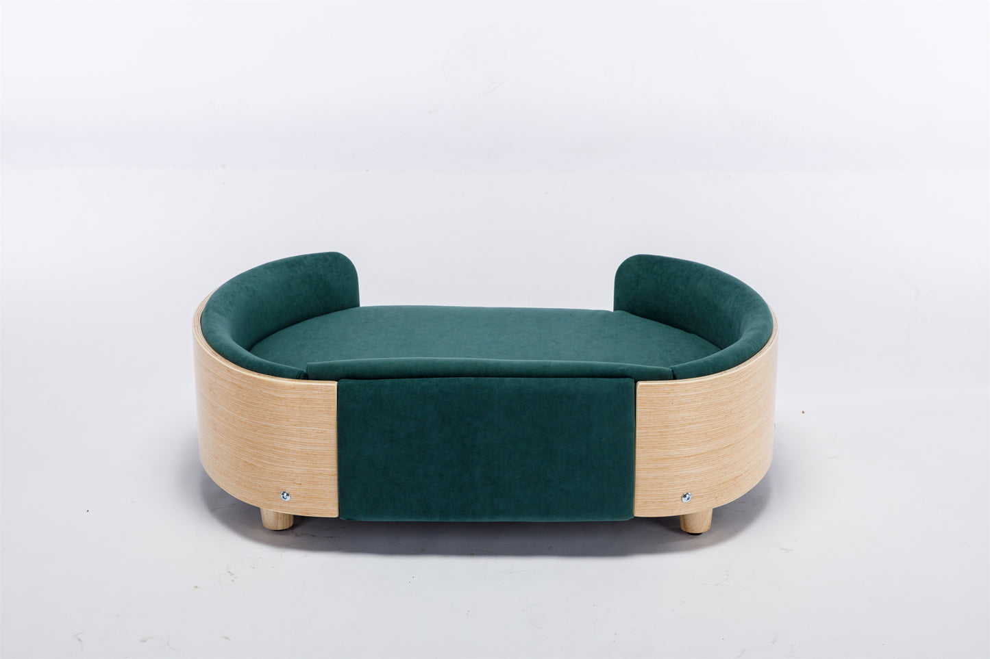 Scandinavian Style Elevated Dog Bed Pet Sofa: Solid Wood Legs, Bent Wood Back, Velvet Cushion - Mid Size, Dark Green