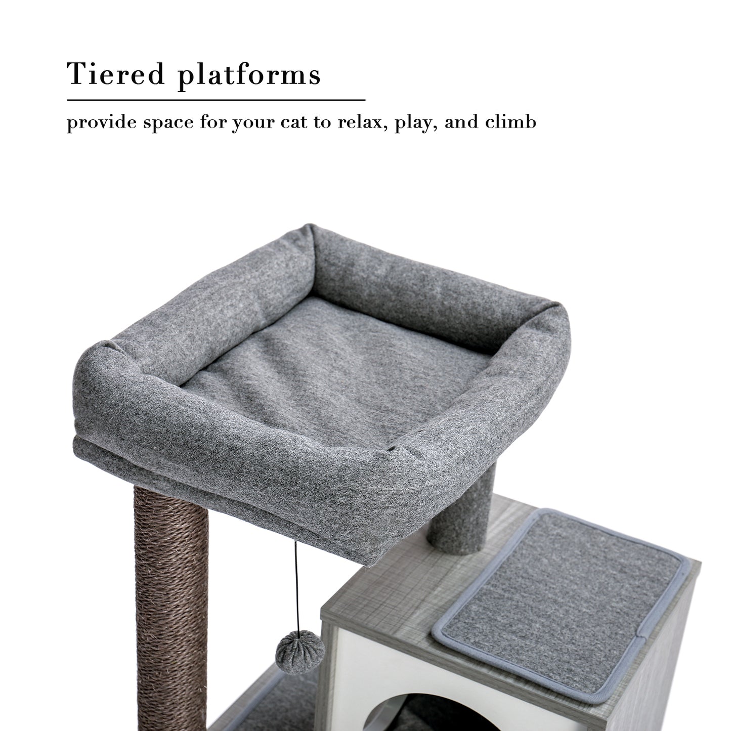 Cat Tree Luxury 34" Cat Tower with Double Condos, Spacious Perch, Scratching Posts & Dangling Balls - Gray