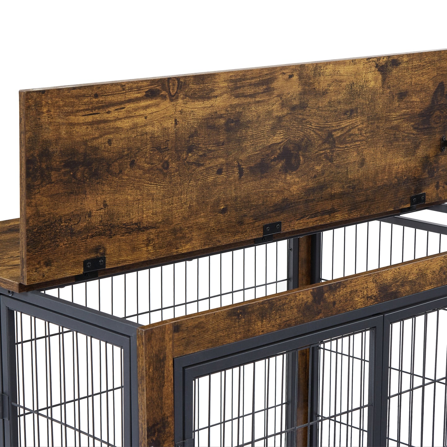 Furniture Style Dog Crate Side Table on Wheels with Double Doors and Lift Top - Rustic Brown, 43.7'' W x 30'' D x 31.1'' H: The Ultimate Combination of Functionality and Style for Your Canine Companion