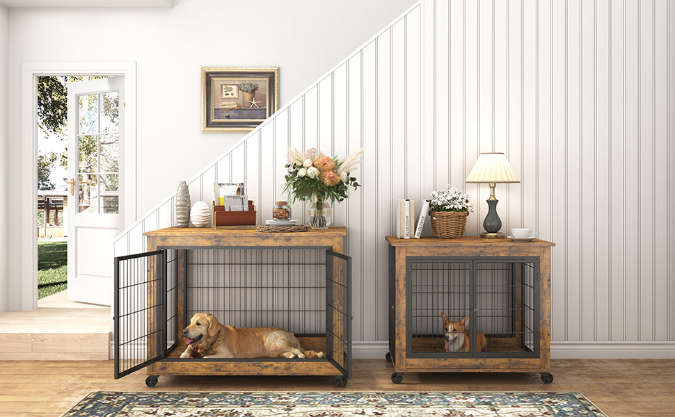 Furniture Dog Cage Crate with Double Doors, Rustic Brown, 38.58'' W x 25.2'' D x 27.17'' H - Spacious and Sturdy Dog Crate for Comfortable Confinement