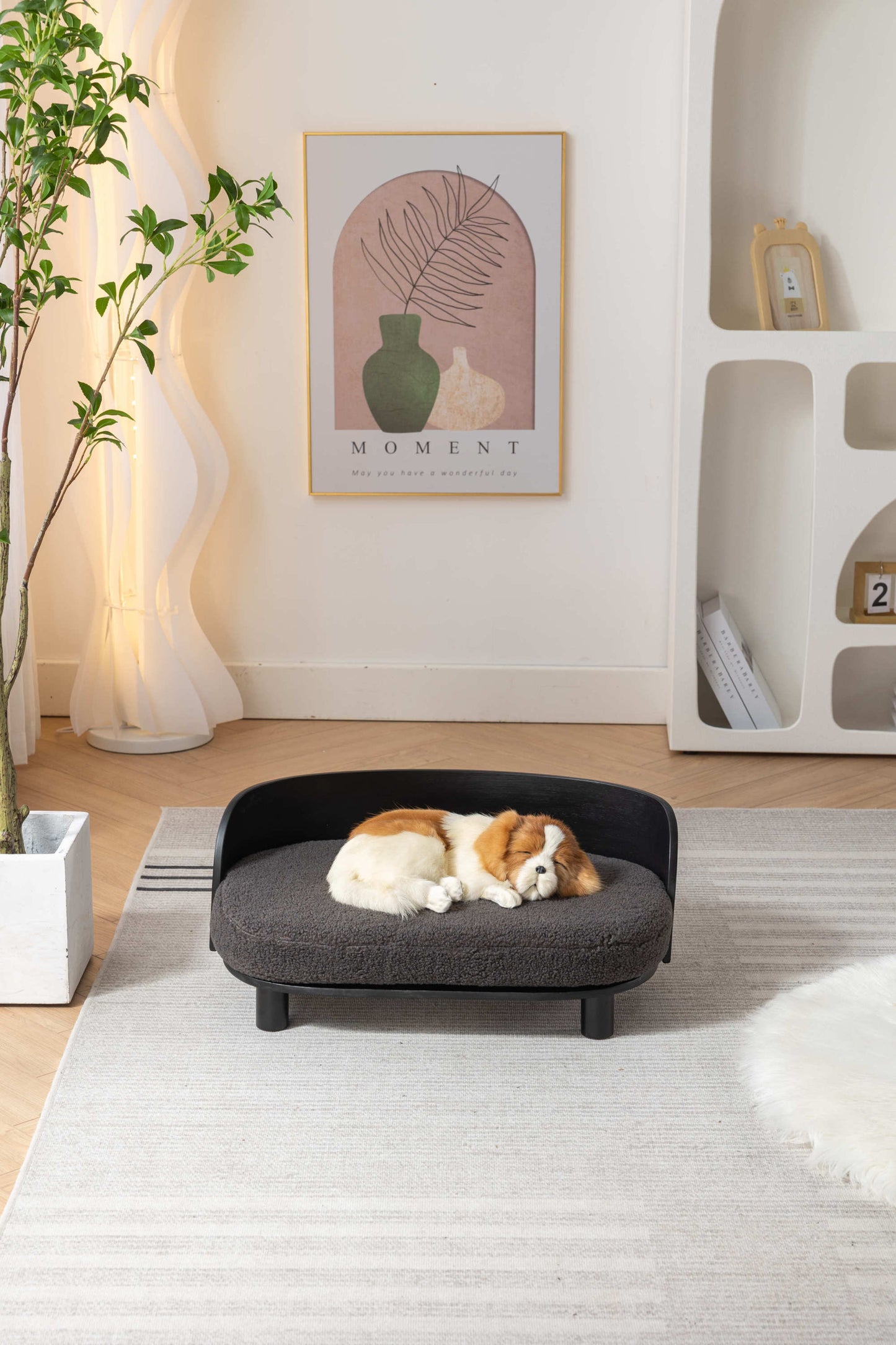 Scandinavian Elevated Dog Bed Pet Sofa | Solid Wood Legs, Bent Wood Back | Cashmesh Cushion | Black Wood, Darcy Grey |