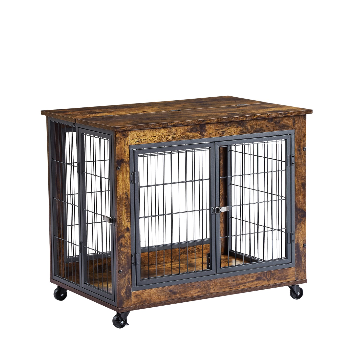 Furniture Style Dog Crate Side Table on Wheels with Double Doors & Lift Top. Grey, 31.50'' W x 22.05'' D x 25'' H.