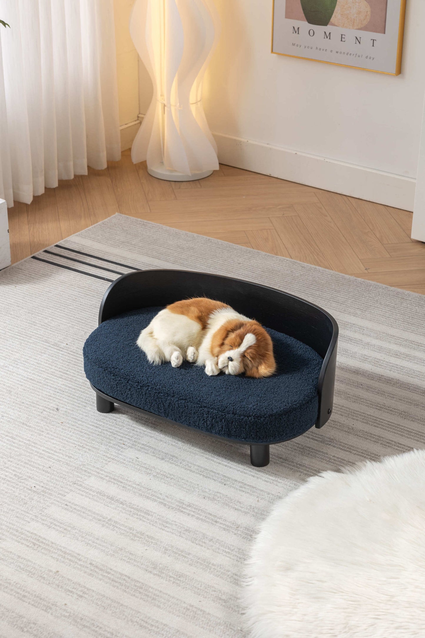 Scandinavian Style Elevated Dog Bed Pet Sofa with Solid Wood Legs and Bent Wood Back, Velvet Cushion, Black