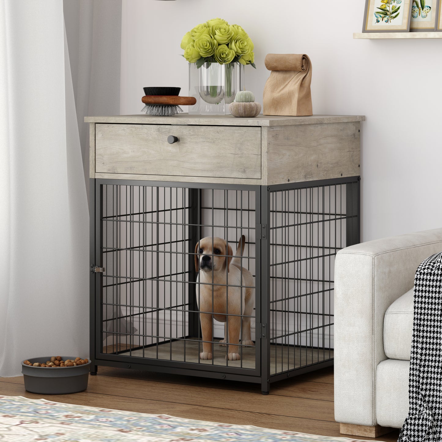 Furniture Style Wood Dog Crate End Table with Storage Console - Grey, 19.69'' W x 22.83'' D x 26.97'' H: Stylish and Functional Pet Crate with Ample Storage Space