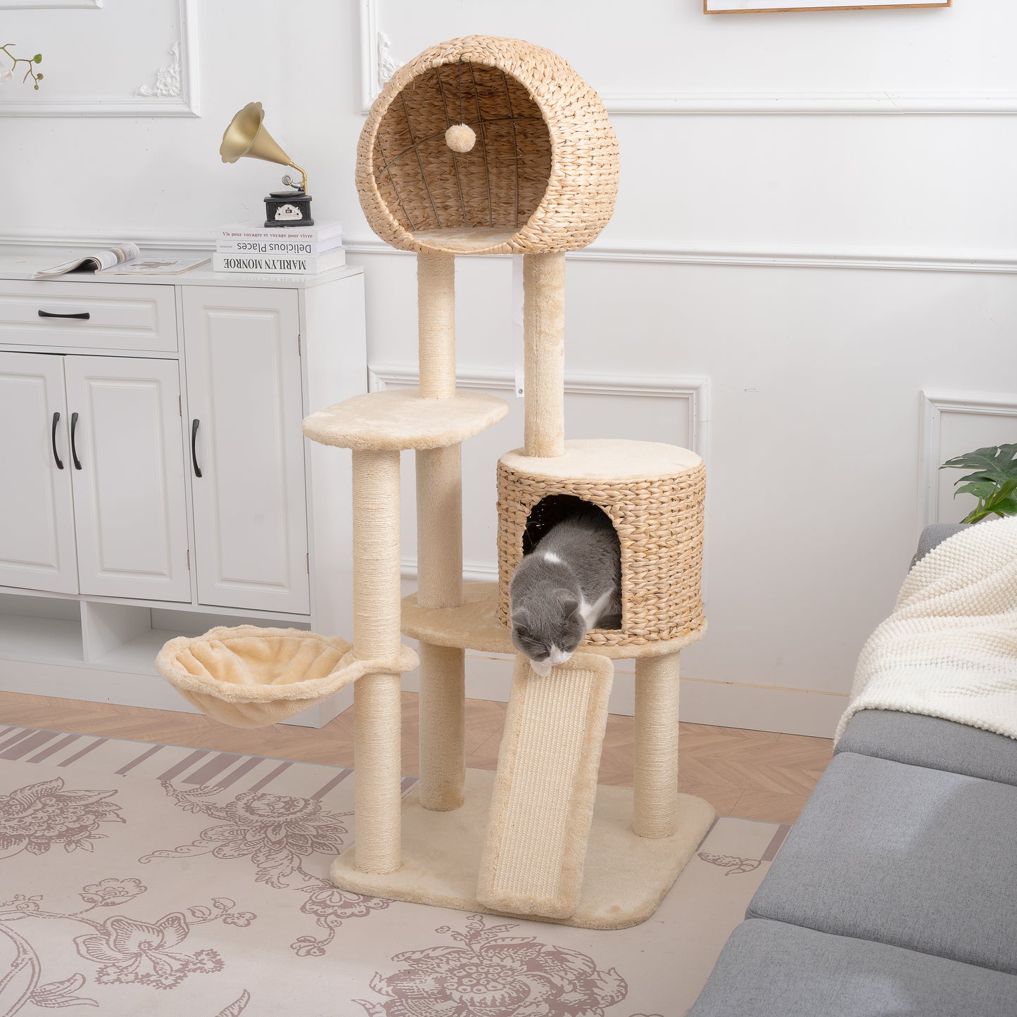 59-Inch Cat Tower for Indoor Cats, Plush Multi-Level Cat Condo with 2 Perches, 2 Caves, Cozy Basket and Scratching Board, Beige