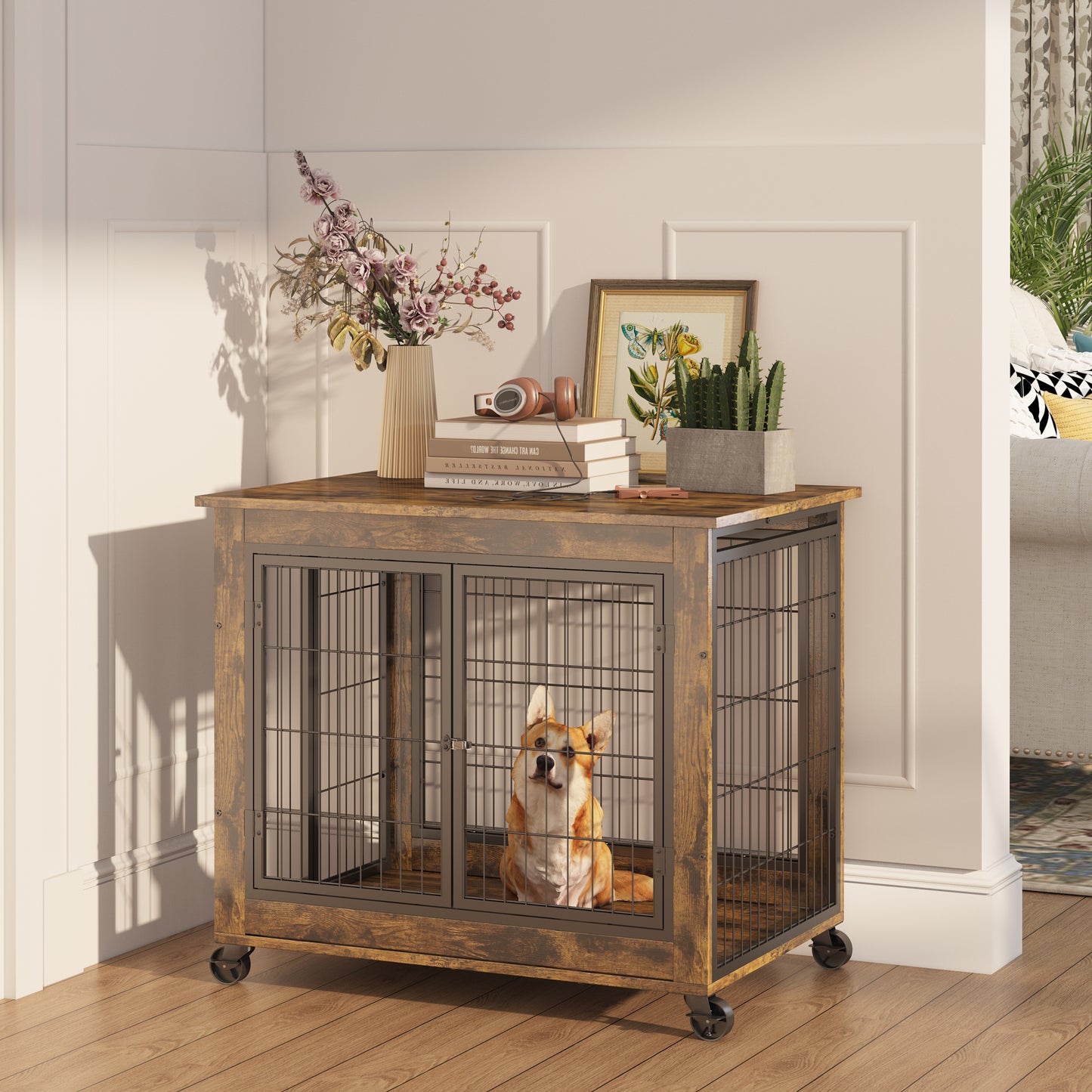 Furniture Style Dog Crate Side Table on Wheels with Double Doors & Lift Top. Grey, 31.50'' W x 22.05'' D x 25'' H.