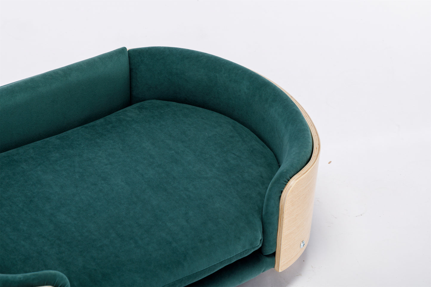 Scandinavian Style Elevated Dog Bed Pet Sofa: Solid Wood Legs, Bent Wood Back, Velvet Cushion - Mid Size, Dark Green