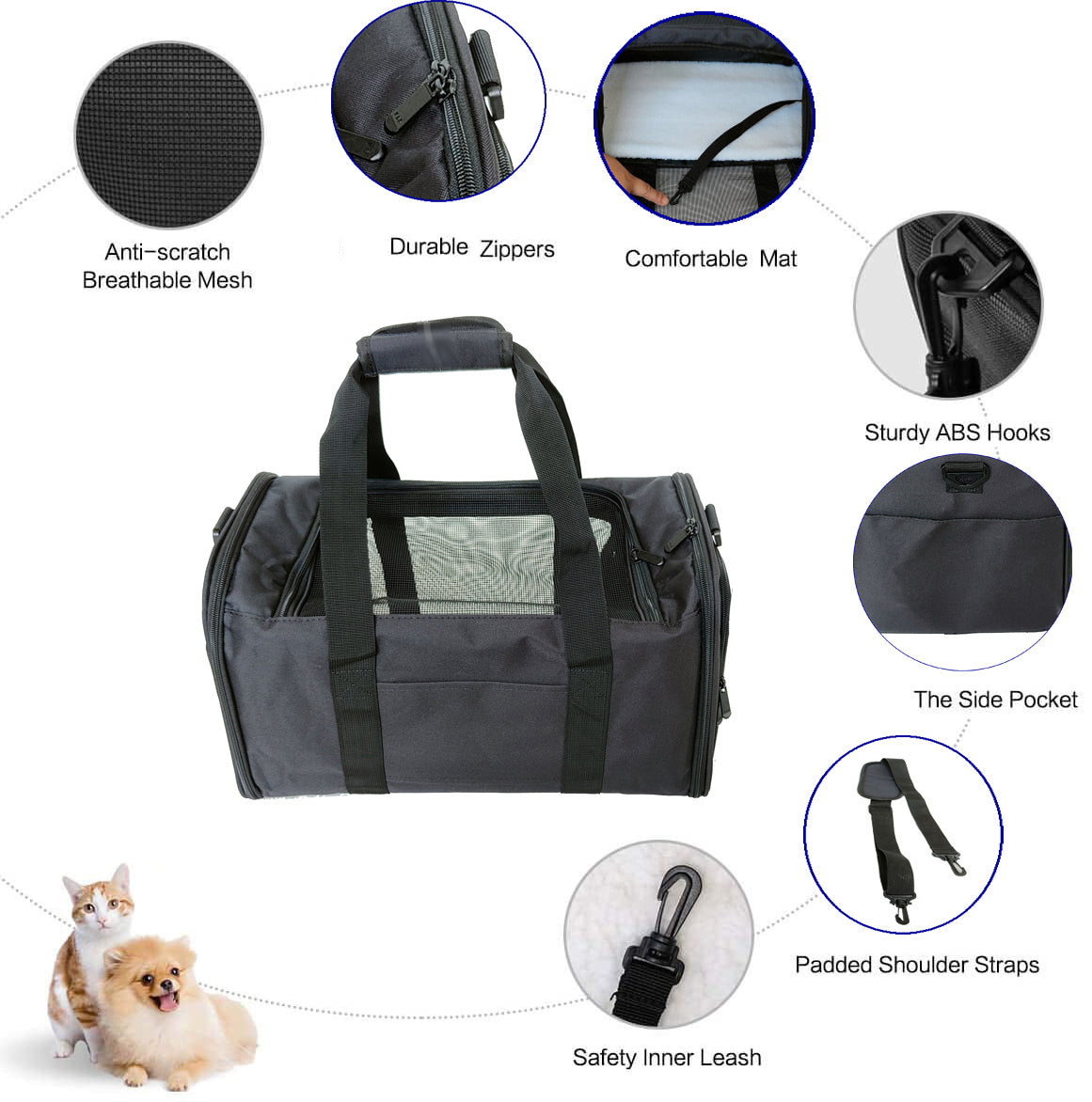 Dog Bag Airline Approved Large Soft-Sided Collapsible Pet Travel Carrier - Portable, 5 Doors, Storage Pockets, Removable Pads, Easy to Clean - Ideal for Dogs, Cats, and Kittens - Size: Large