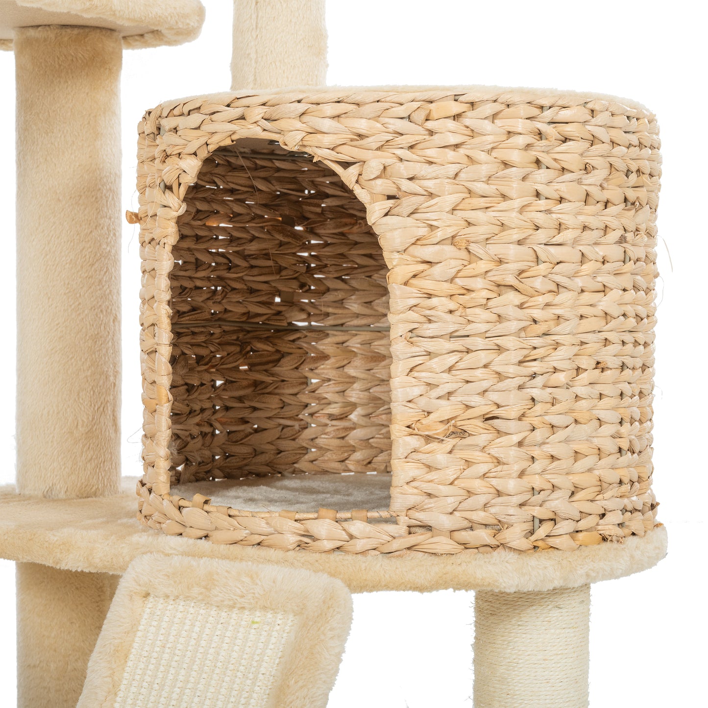 59-Inch Cat Tower for Indoor Cats, Plush Multi-Level Cat Condo with 2 Perches, 2 Caves, Cozy Basket and Scratching Board, Beige