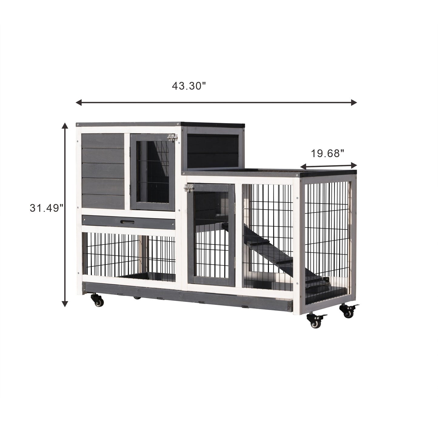 Removable Tray Ramp Wooden Outdoor Rabbit Hutch with Enclosed Run - Ideal for Small Animals - Coop with Running Cage, Wheels, and Ramp (Size and Color Options)