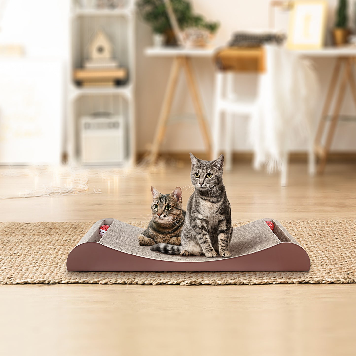 "Cat Scratcher Cardboard Lounge Bed with Bell Ball Toy - Durable, Interactive, and Cozy for Your Feline Companion - Available in Various Sizes and Colors"