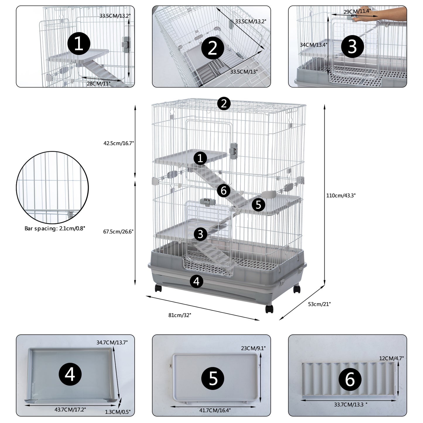 4-Tier 32" Small Animal Metal Cage, Height Adjustable with Lockable Casters, Grilles, Pull-out Tray for Rabbit, Chinchilla, Ferret, Bunny, Guinea Pig, Squirrel, Hedgehog (Grey)