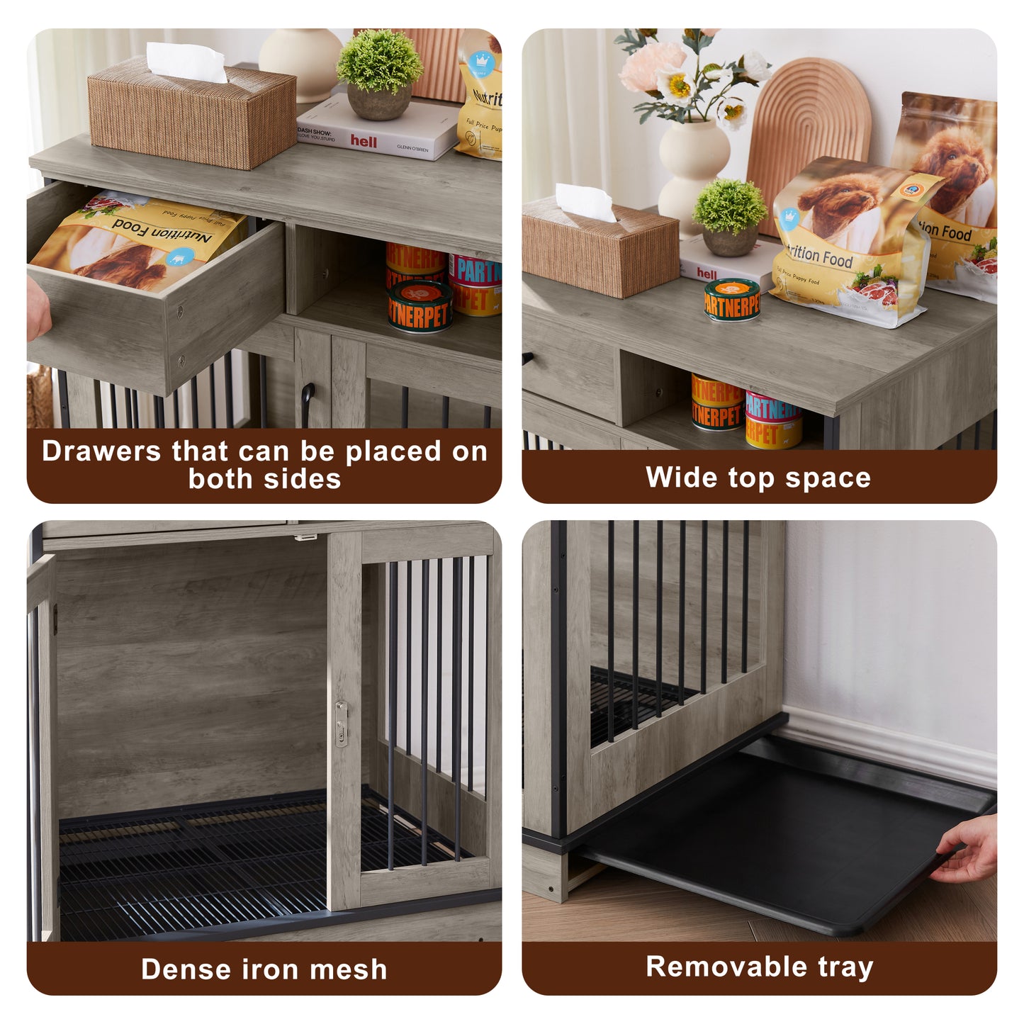 Furniture Dog Crate: Indoor Pet Crate End Tables, Wooden Kennels w/ Removable Trays, Grey, 32.3'' W x 22.8'' D x 33.5'' H