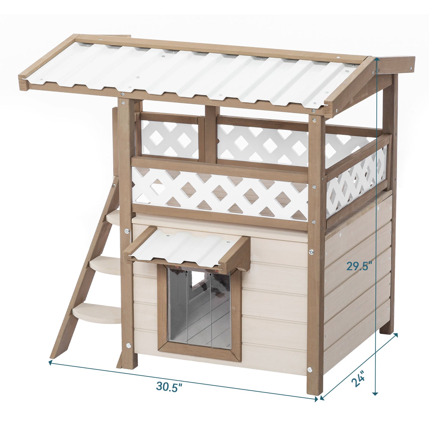 Feral Cat House: Outdoor & Indoor Kitty Houses with Durable PVC Roof, Escape Door, Curtain, and Stair. 2-Story Design for Multi Cats. Perfect for Sheltering Cats of All Sizes.