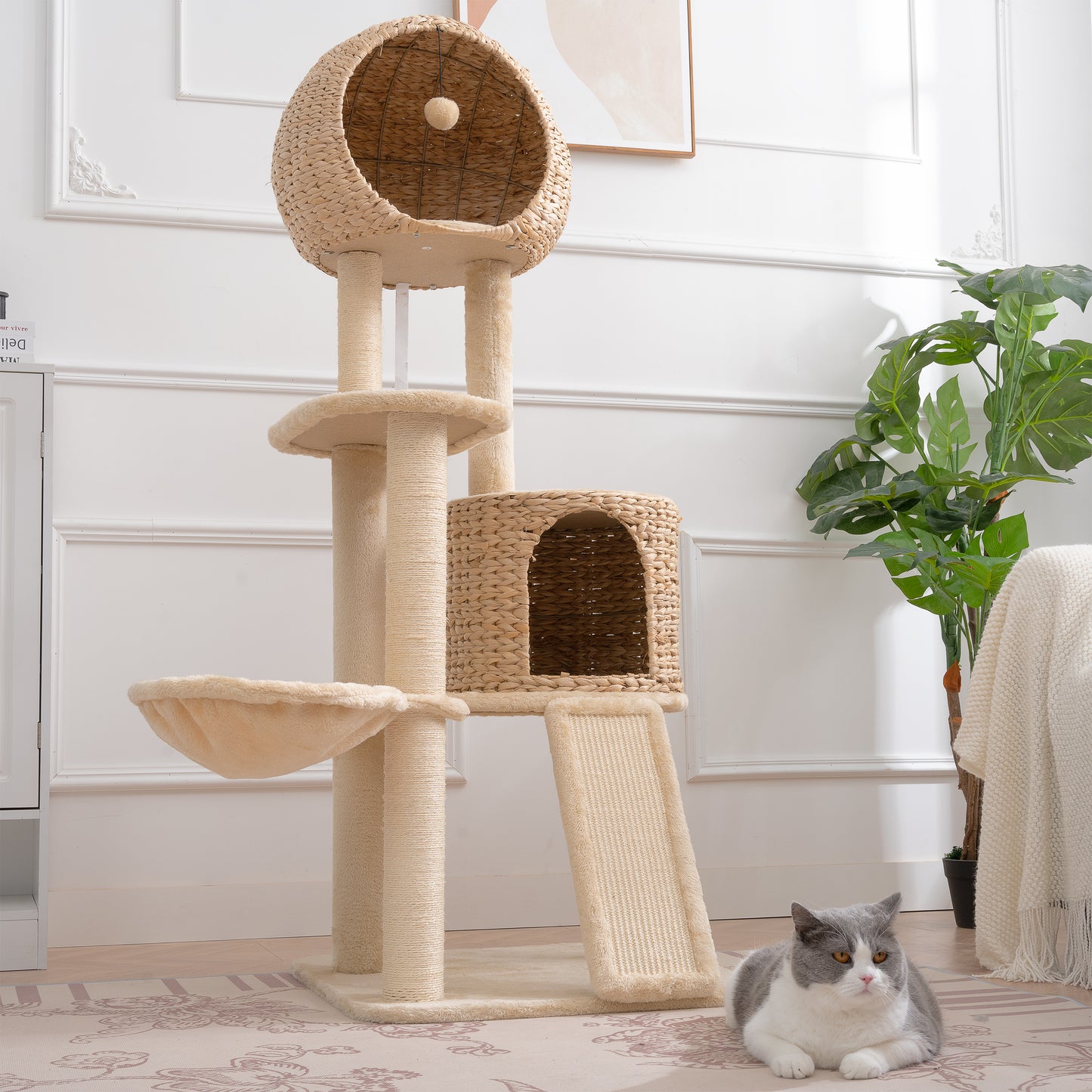 59-Inch Cat Tower for Indoor Cats, Plush Multi-Level Cat Condo with 2 Perches, 2 Caves, Cozy Basket and Scratching Board, Beige