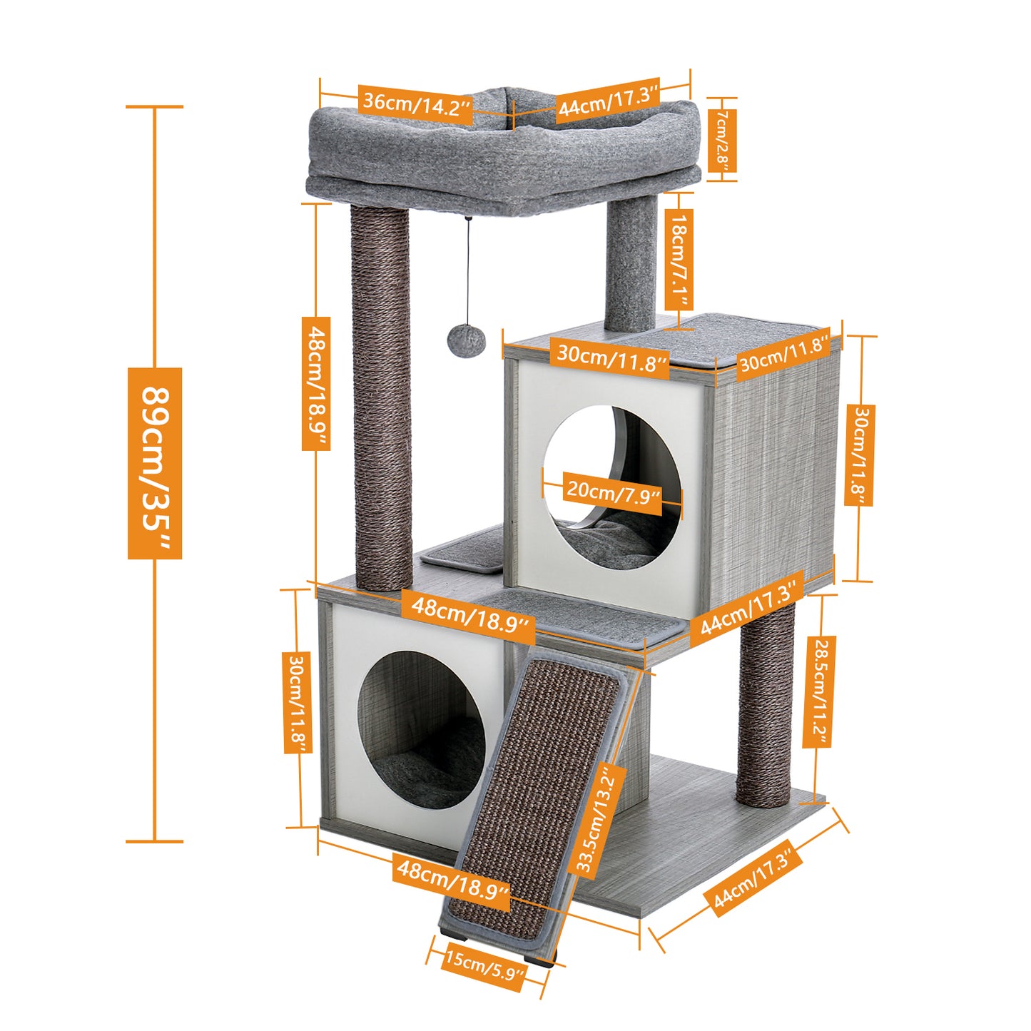 Cat Tree Luxury 34" Cat Tower with Double Condos, Spacious Perch, Scratching Posts & Dangling Balls - Gray