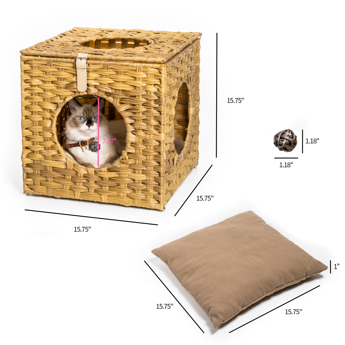 Rattan Cat Litter, Cat Bed with Rattan Ball & Cushion - Yellowish Brown, Cozy & Stylish Sleeping Space for Cats