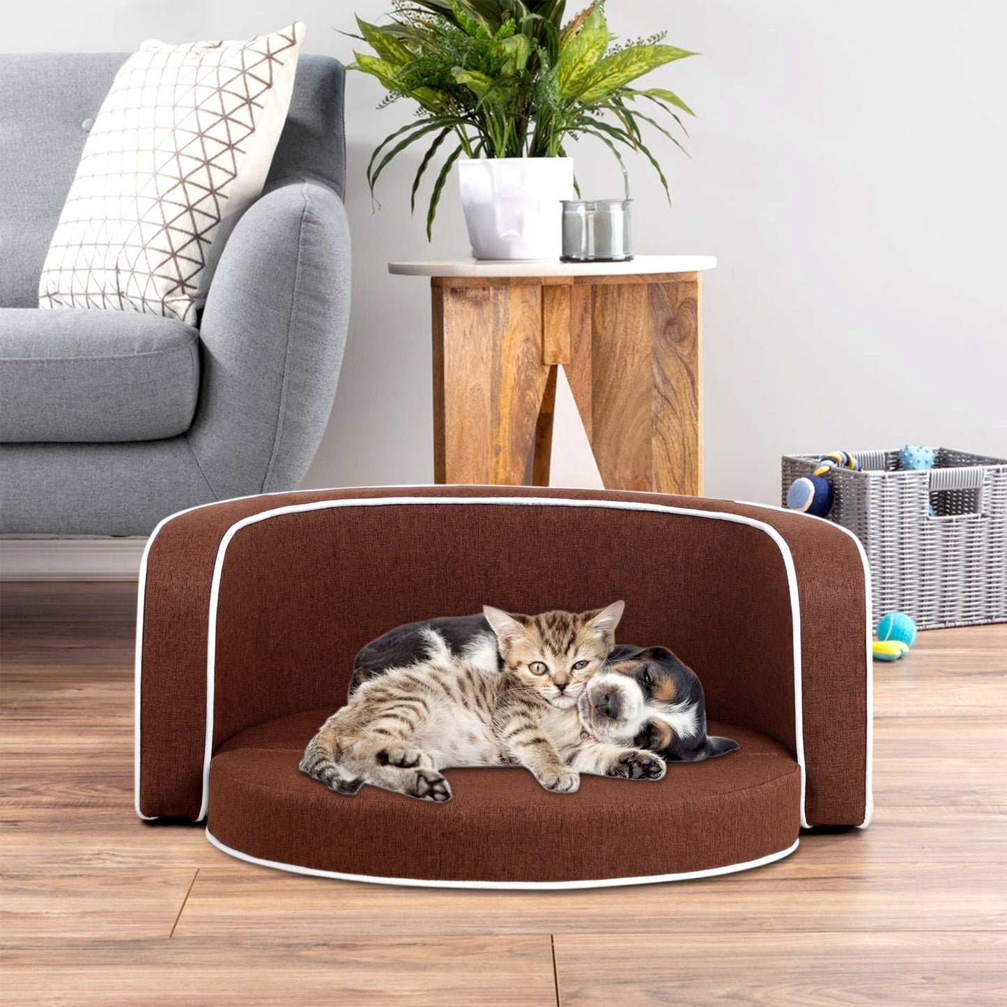 30" Brown Round Pet Sofa - Wooden Structure, Linen Goods, White Roller Lines on Edges - Curved Appearance with Cushion