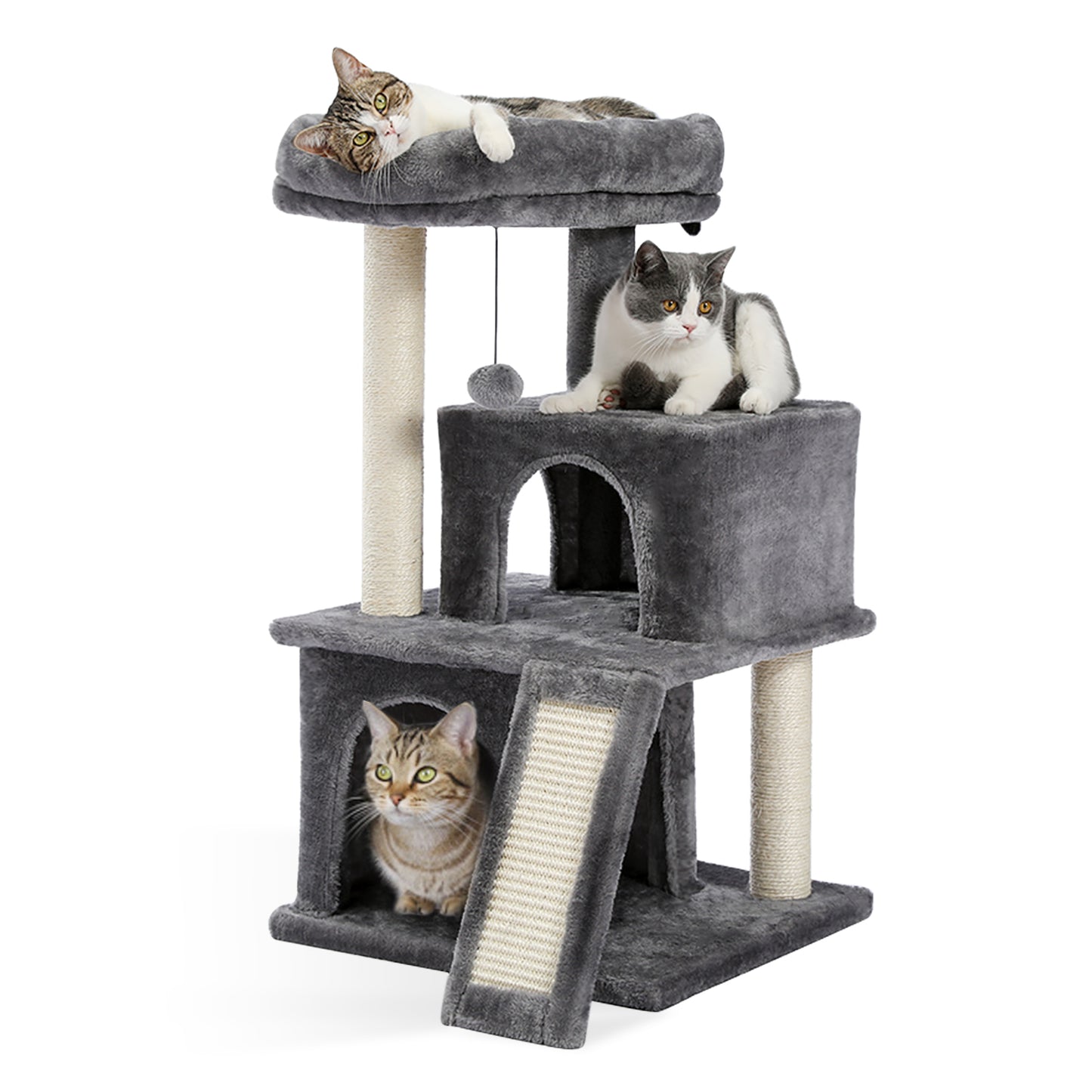 Cat Tree Luxury 34" Cat Tower with Double Condos, Spacious Perch, Scratching Sisal Posts & Replaceable Dangling Balls - Gray