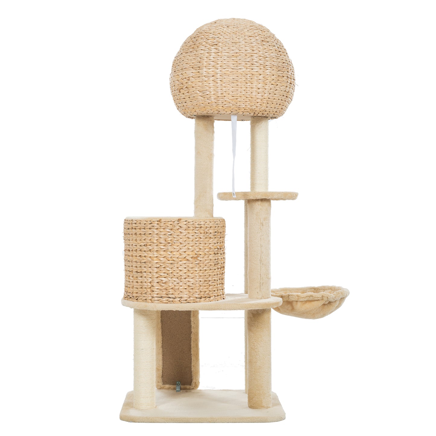 59-Inch Cat Tower for Indoor Cats, Plush Multi-Level Cat Condo with 2 Perches, 2 Caves, Cozy Basket and Scratching Board, Beige