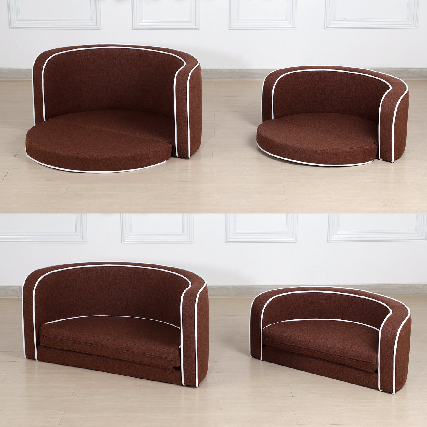 35" Brown Pet Sofa with Wooden Structure, Linen Goods, White Roller Lines, Curved Appearance & Cushion