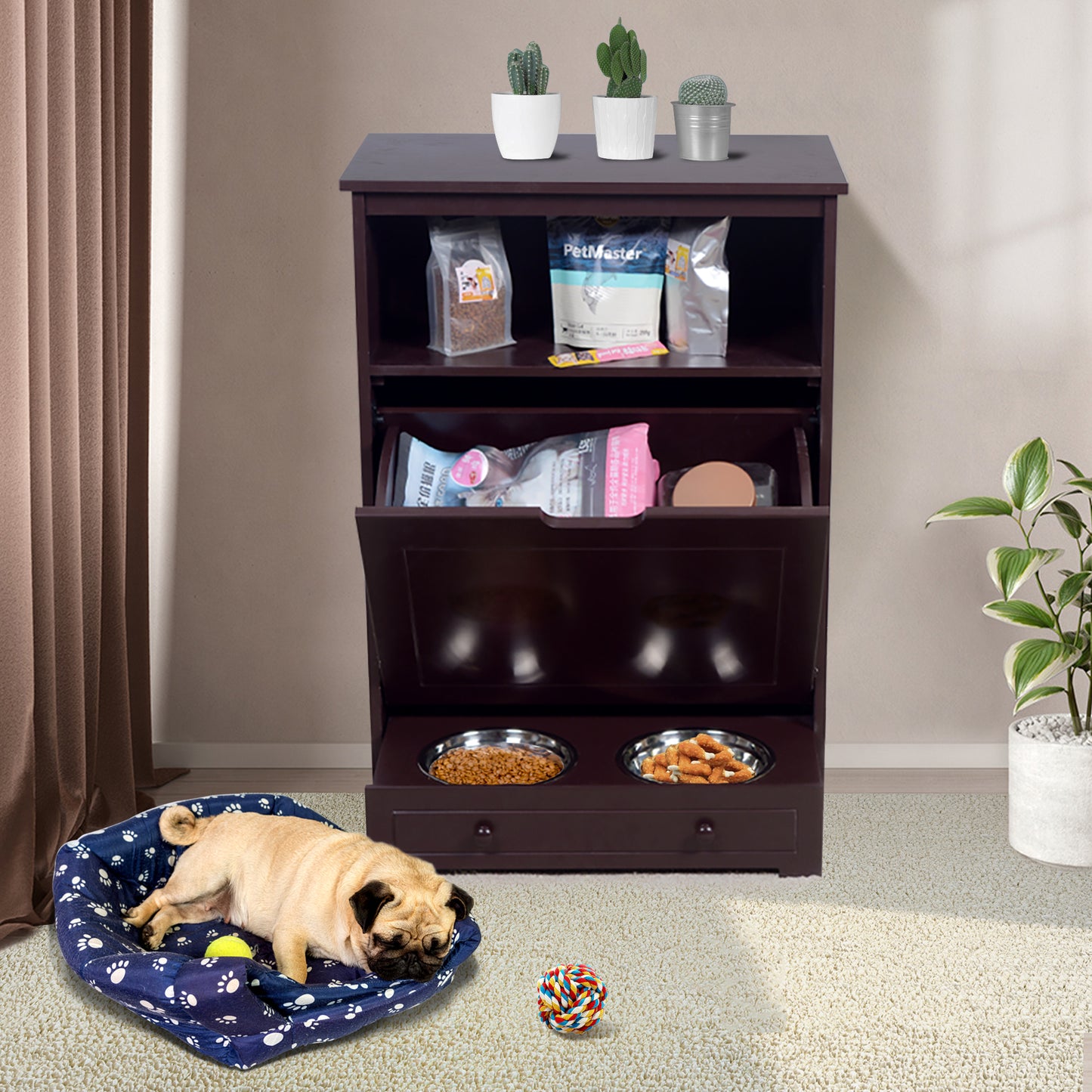 Pet Feeder Station with Storage, MDF & Waterproof Painted, Dog & Cat Feeder Cabinet, Stainless Bowl