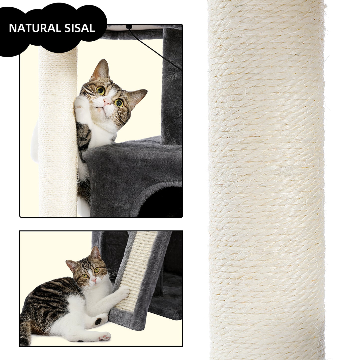 Cat Tree Luxury 34" Cat Tower with Double Condos, Spacious Perch, Scratching Sisal Posts & Replaceable Dangling Balls - Gray