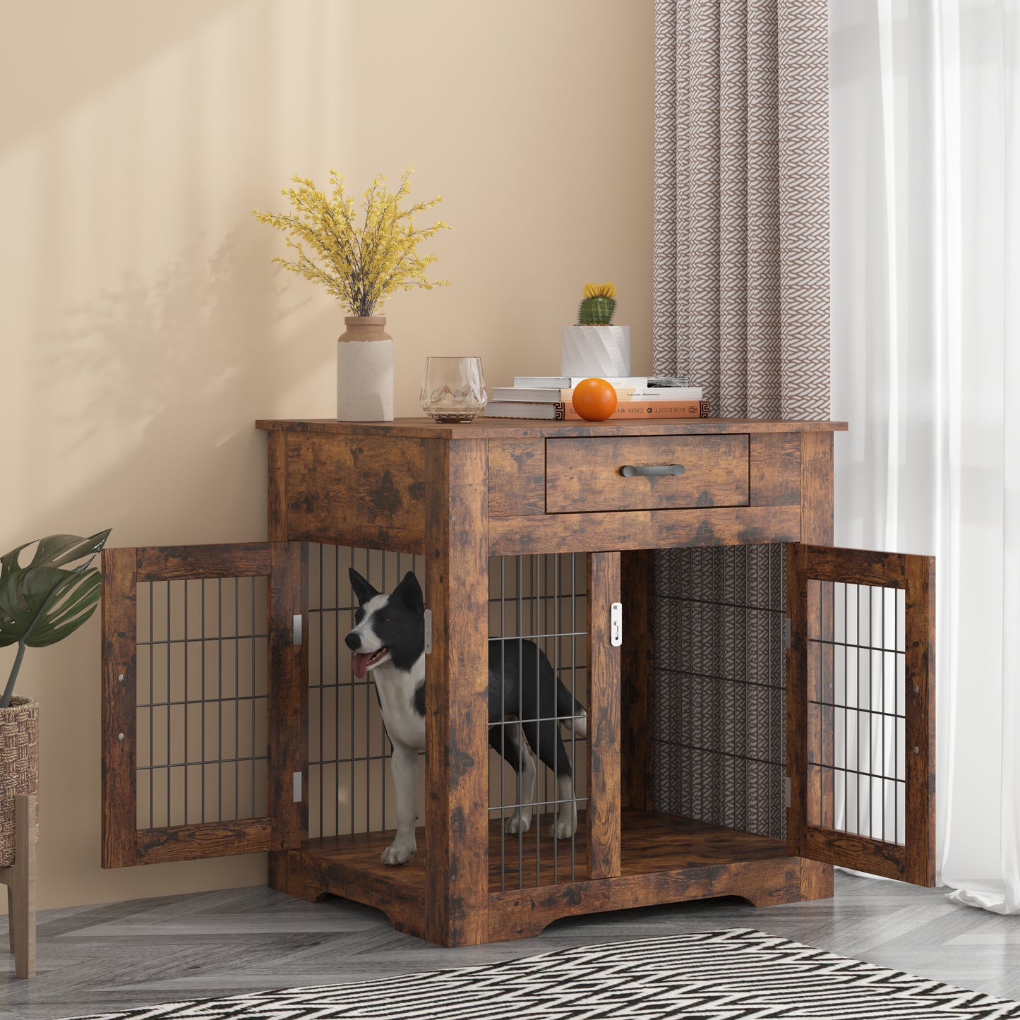 Furniture Style Dog Crate End Table with Drawer, Double Door Pet Kennels for Indoor Use - Rustic Brown, 29.92'' W x 24.8'' D x 30.71'' H