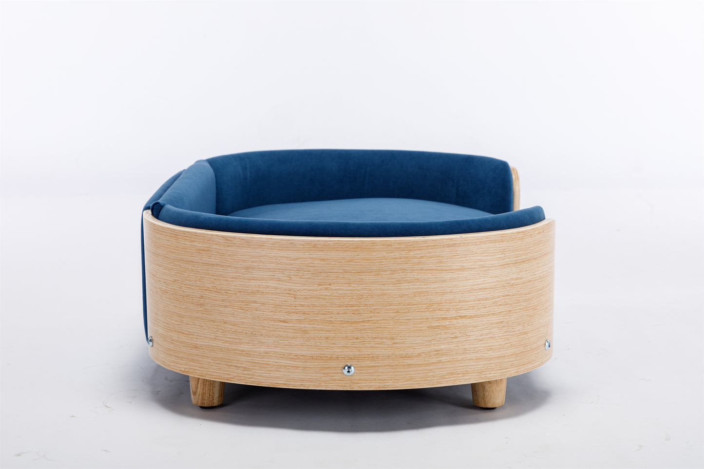 Scandinavian Style Elevated Dog Bed Pet Sofa with Solid Wood Legs, Bent Wood Back, and Velvet Cushion - Mid Size, Dark Blue