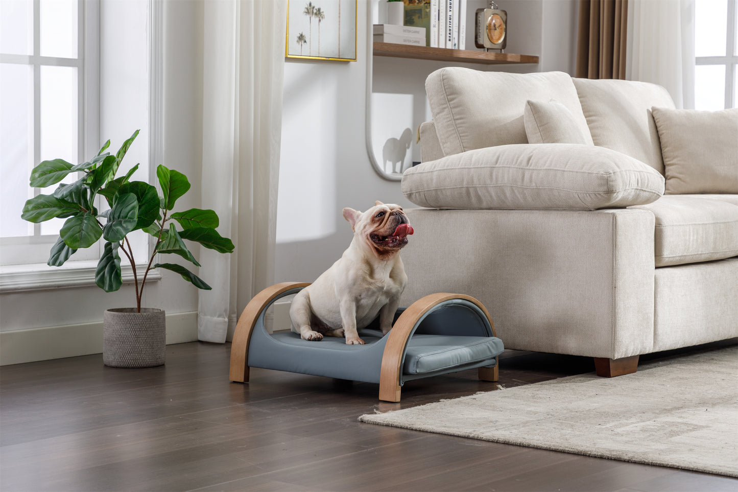 Lily Cat Bed Pet Sofa: Solid Wood Frame, Scratch Resistant PU Cushion, Mid Size, Light Grey