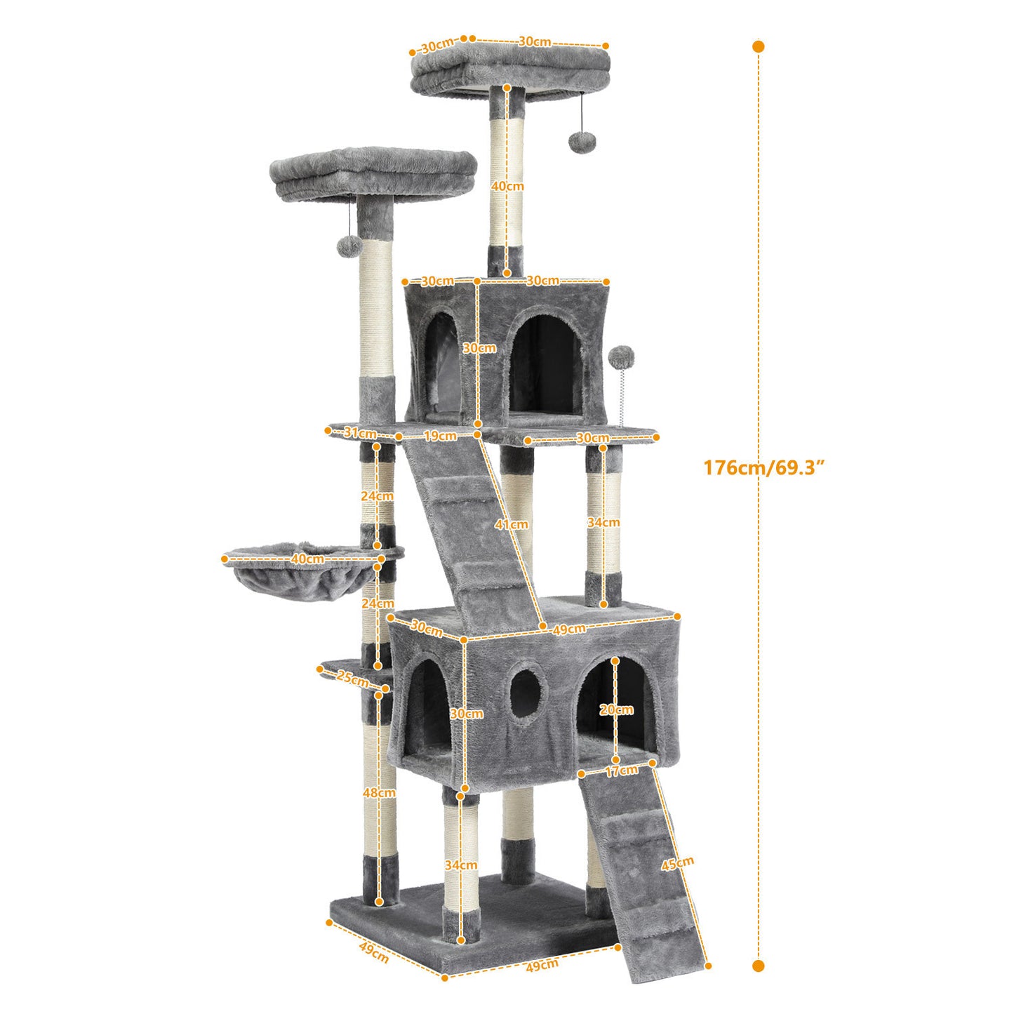 Cat Tree 69 Inches Cat Tower: 2 Condos, 2 Perches, Grey - Climber Furniture